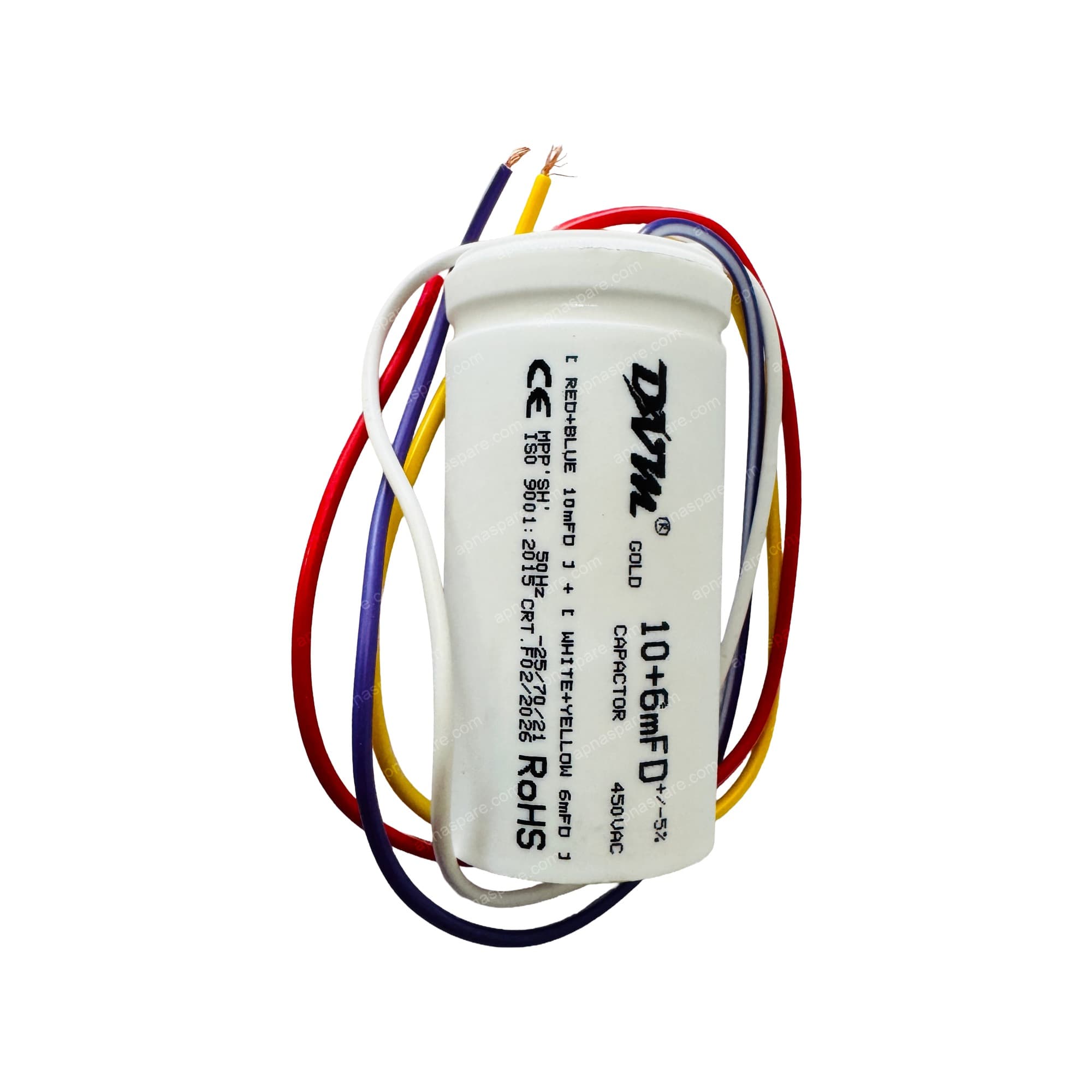 DVM Gold 10+6 MFD Dual Run Capacitor – 450V AC Twin Capacitor for AC Compressor & Fan Motor | CE, RoHS, ISO 9001:2015 Certified