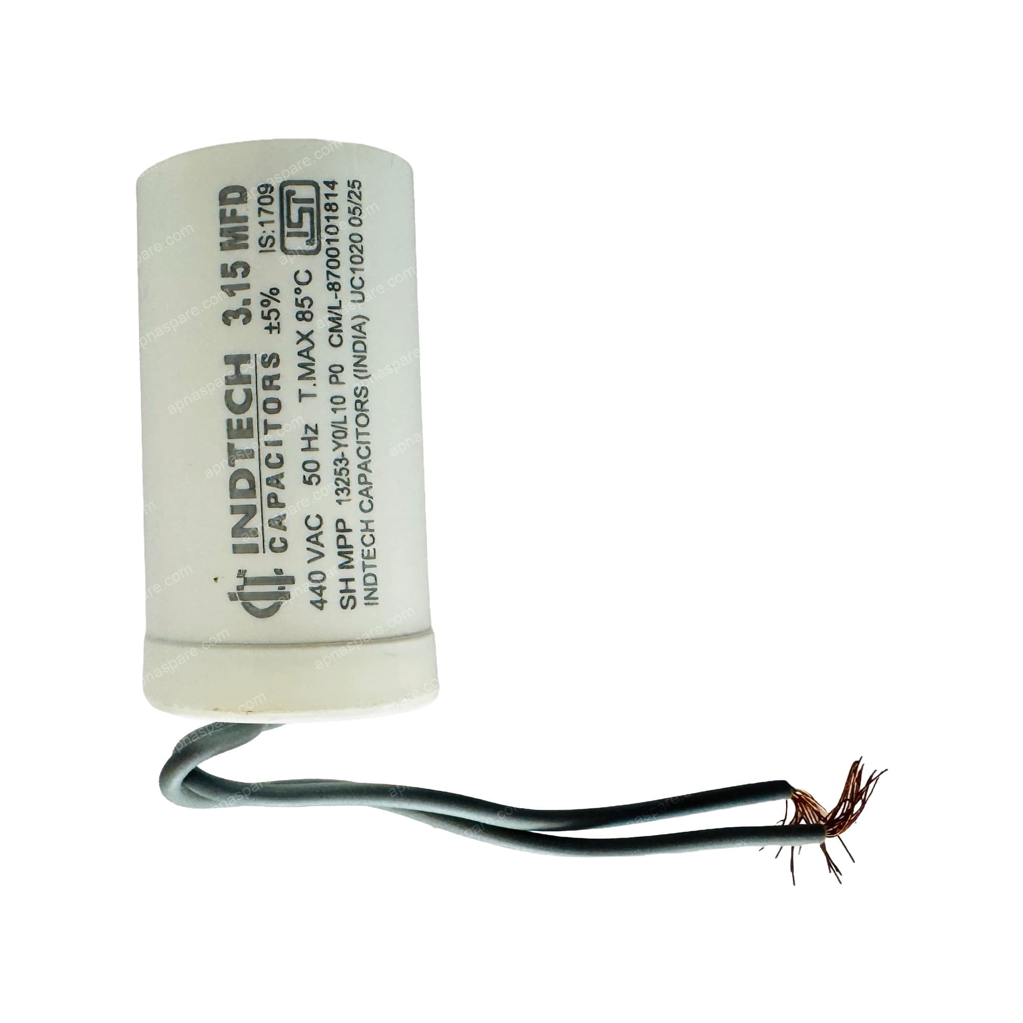 Indtech 3.15 MFD Capacitor with Wire Leads – 440V AC Fan & Motor Run Capacitor | ISI Marked IS 1709