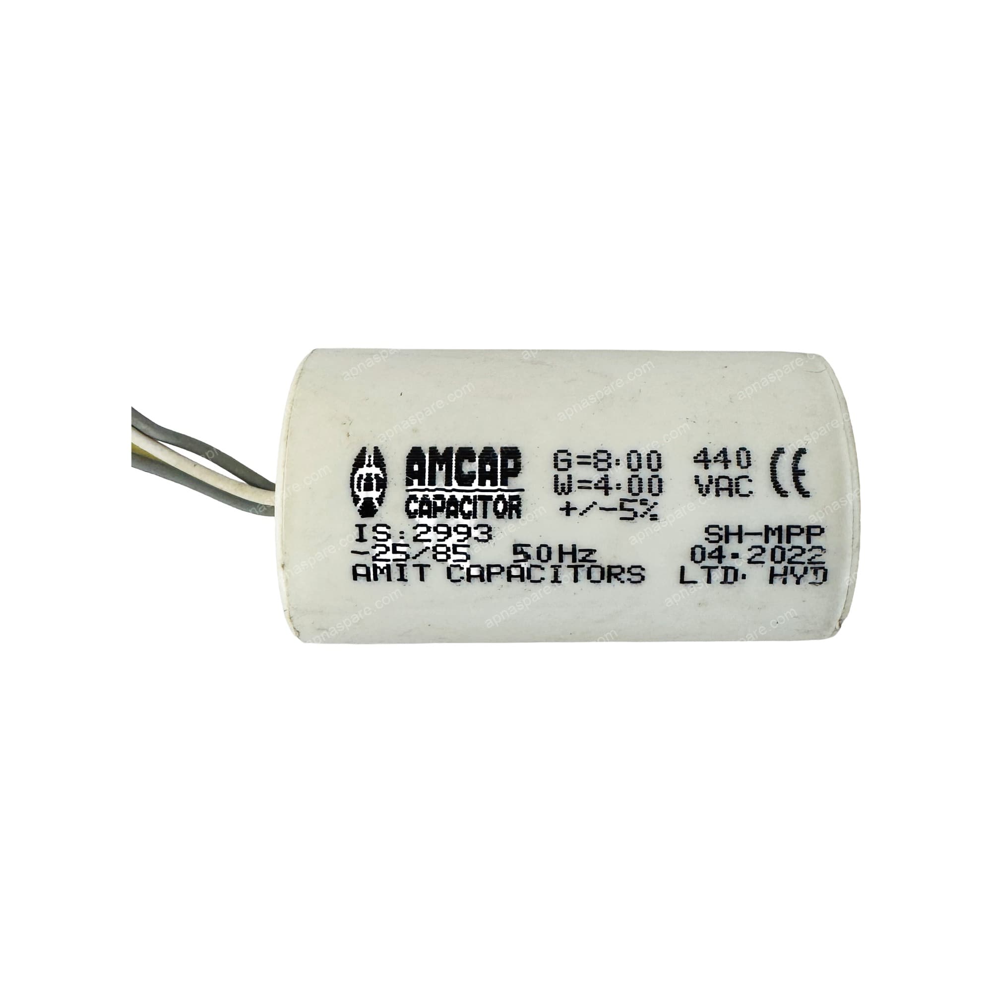 AMCAP 8+4 MFD Dual Capacitor with Wire Leads – 440V Washing Machine Wash & Spin Motor Capacitor | IS 2993 Certified