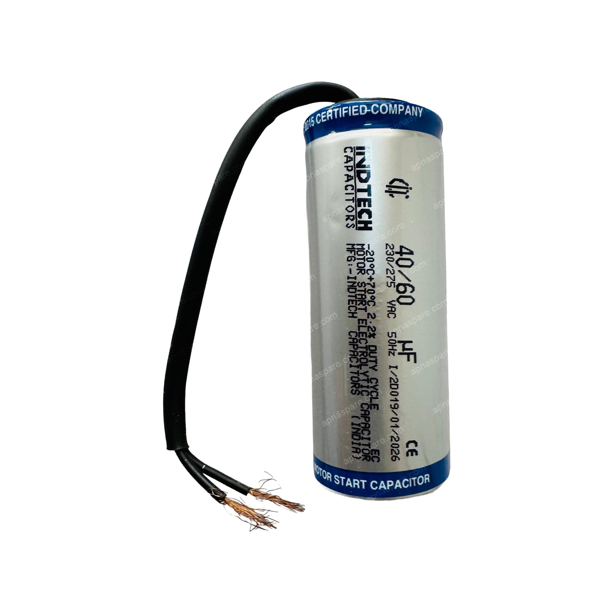 Indtech 40-60 MFD Motor Start Capacitor – 230/275V AC Electrolytic Starting Capacitor for Single Phase Motors, Compressors & Pumps | CE Certified