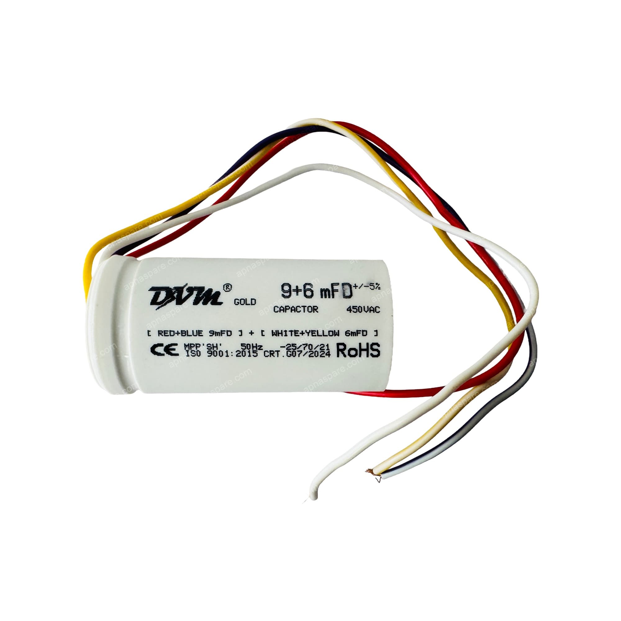 DVM Gold 9+6 MFD Dual Run Capacitor – 450V AC Twin Capacitor for AC Compressor & Fan Motor | CE, RoHS, ISO 9001:2015 Certified