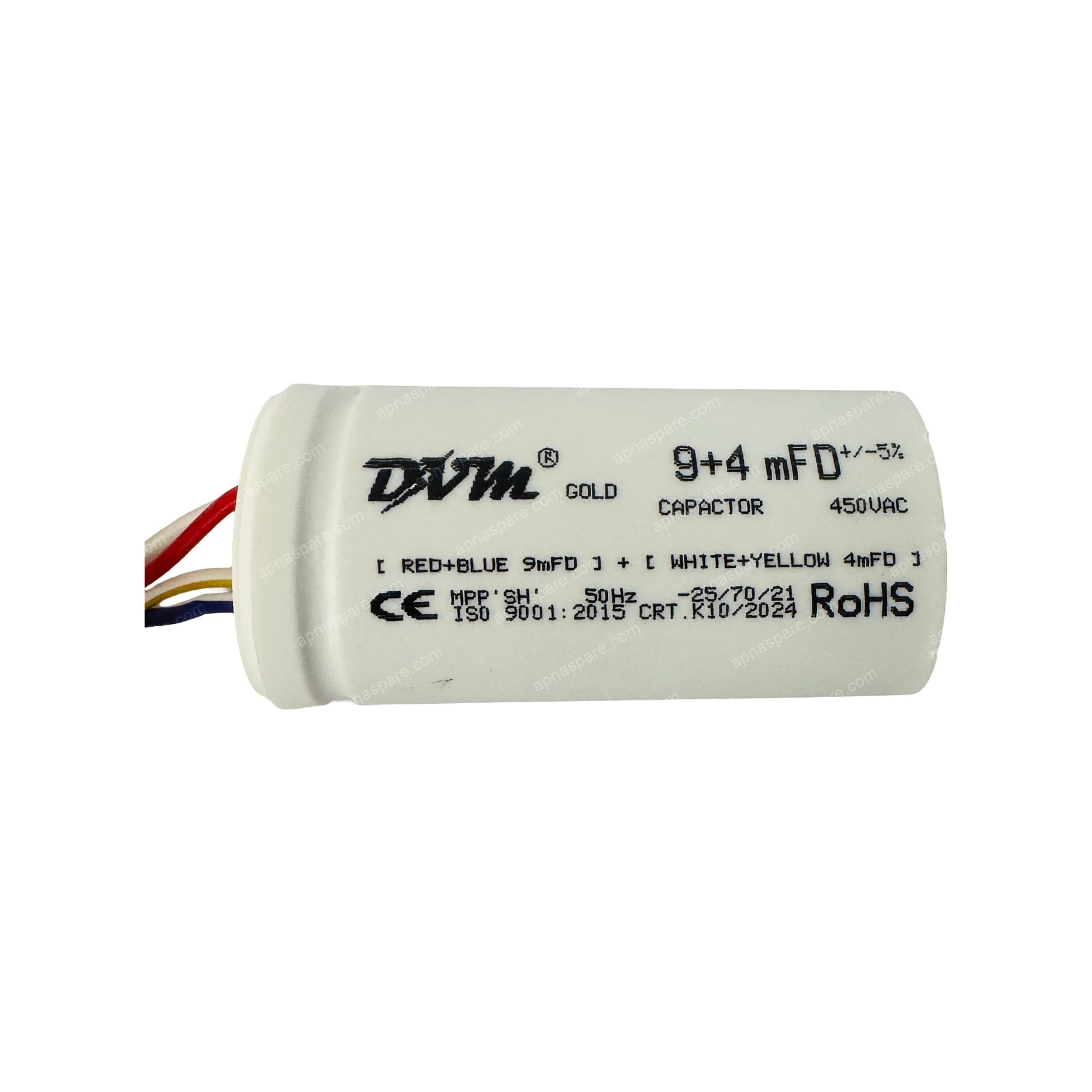 DVM Gold 9+4 MFD Dual Run Capacitor – 450V AC Twin Capacitor for AC Compressor & Fan Motor | CE, RoHS, ISO 9001:2015 Certified