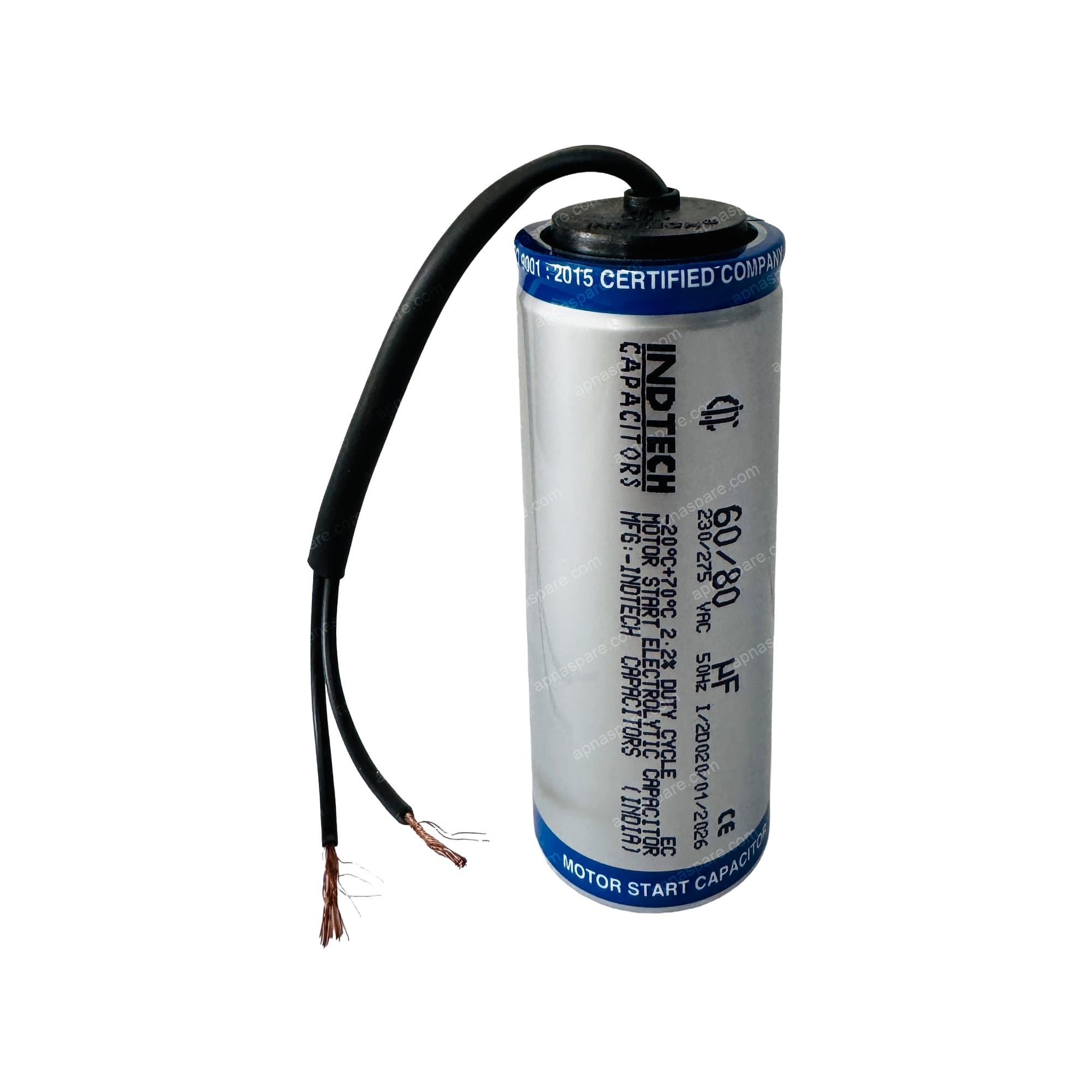 Indtech 60-80 MFD Motor Start Capacitor – 230/275V AC Electrolytic Starting Capacitor for Single Phase Motors, Compressors & Pumps | CE Certified