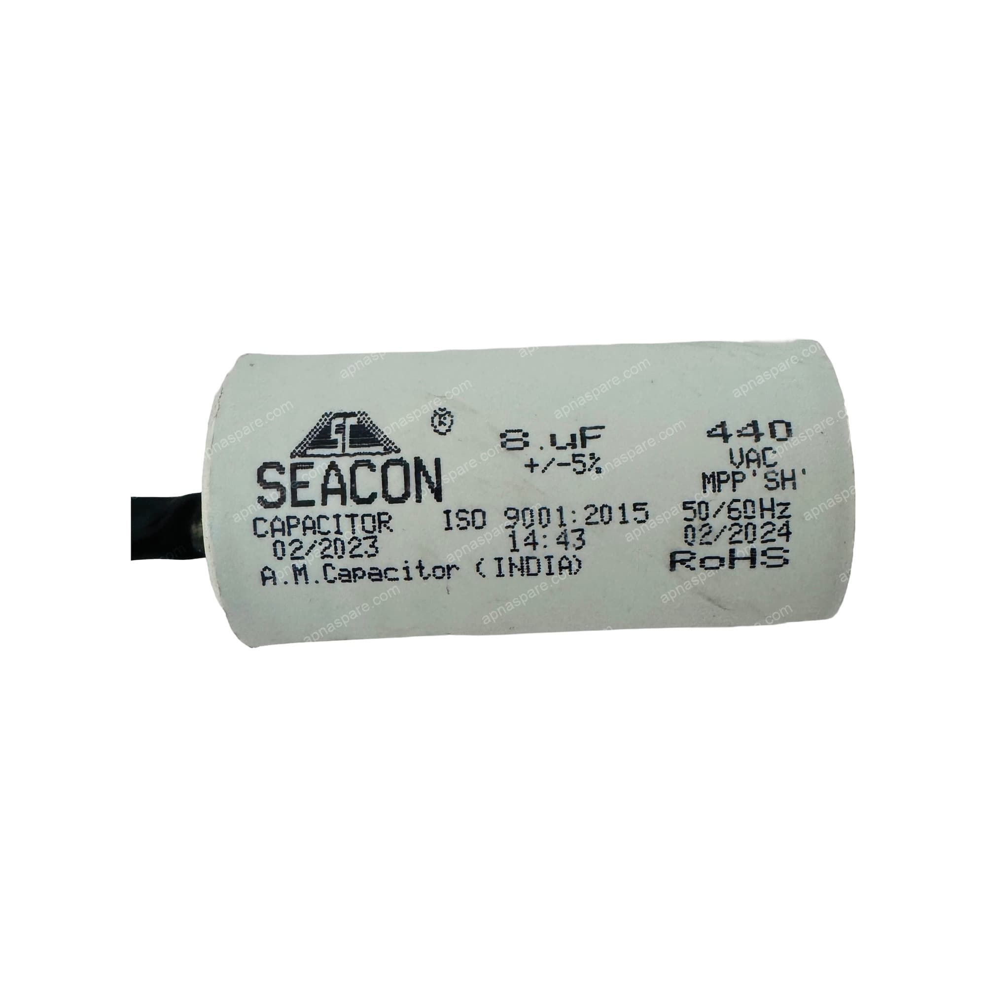 Seacon 8 MFD Capacitor with Wire Leads – 440V AC Motor Run Capacitor for Fan, Cooler & Single Phase Motors | ISO 9001:2015, RoHS
