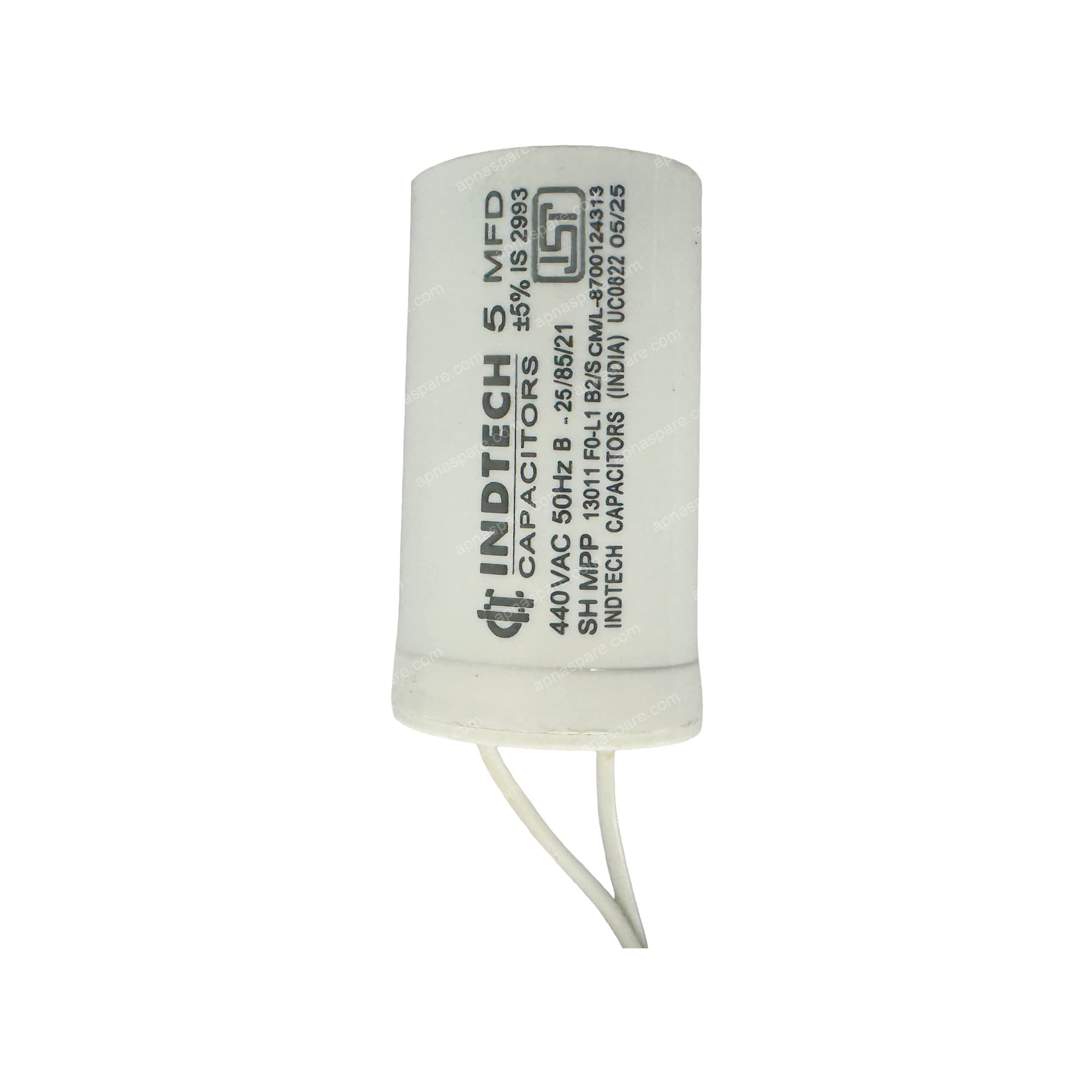 Indtech 5 MFD Capacitor with Wire Leads – 440V AC Motor Run Capacitor for Fan, Cooler & Single Phase Motors | ISI Marked IS 2993