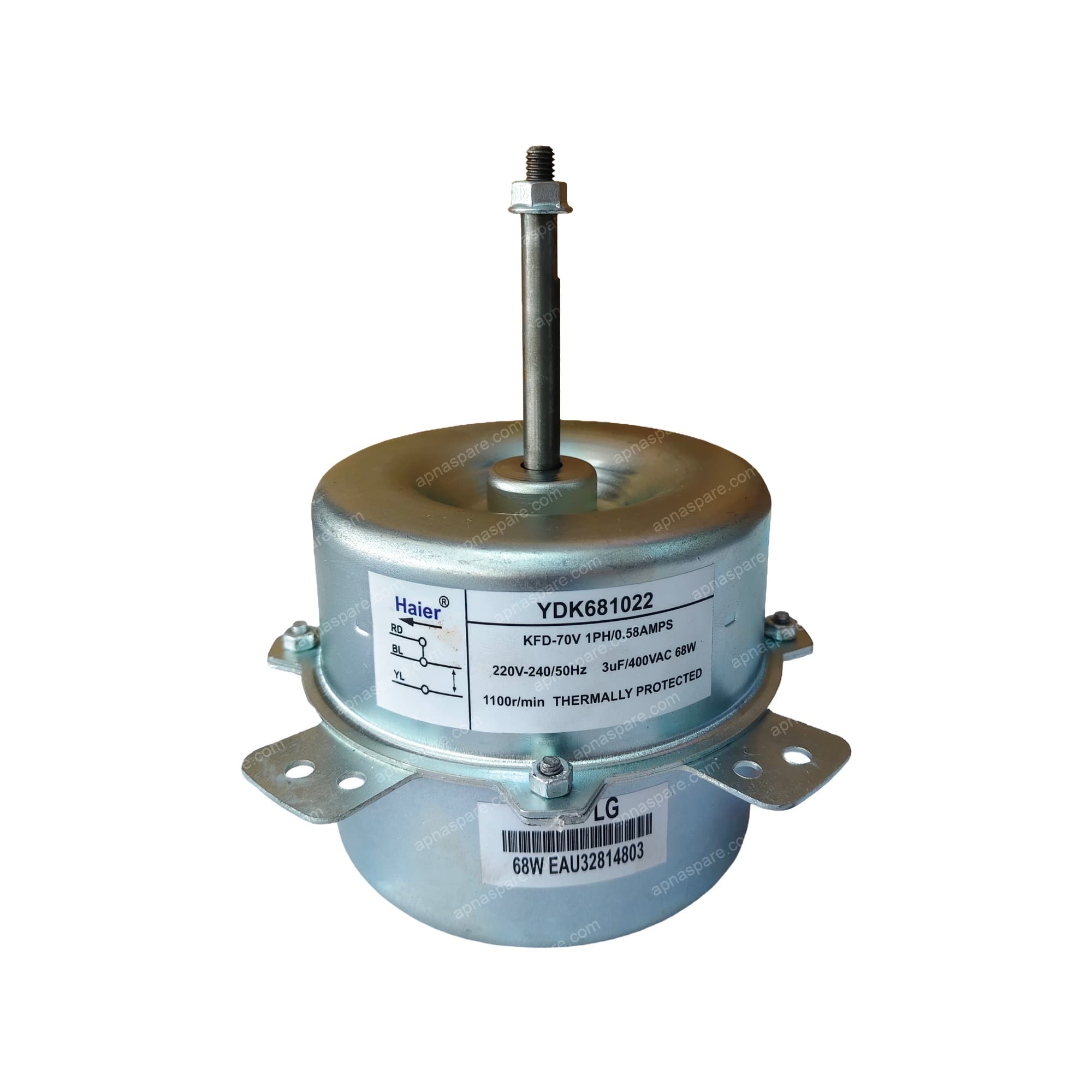 LG / Haier AC Outdoor Fan Motor 68W – Model YDK681022 | 1100 RPM Condenser Motor with 3µF Capacitor Spec