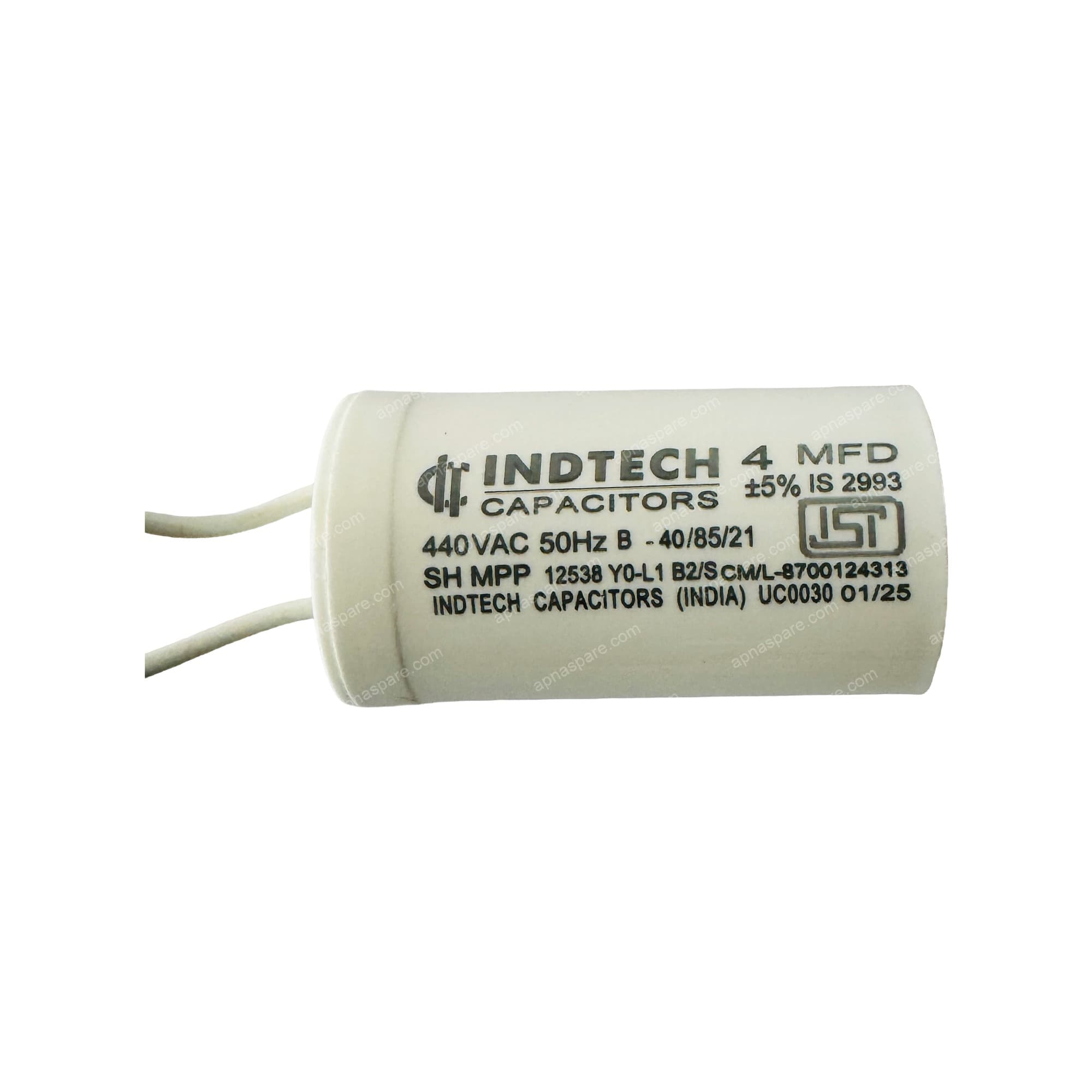 Indtech 4 MFD Capacitor with Wire Leads – 440V AC Motor Run Capacitor for Ceiling Fan & Single Phase Motors | ISI Marked IS 2993